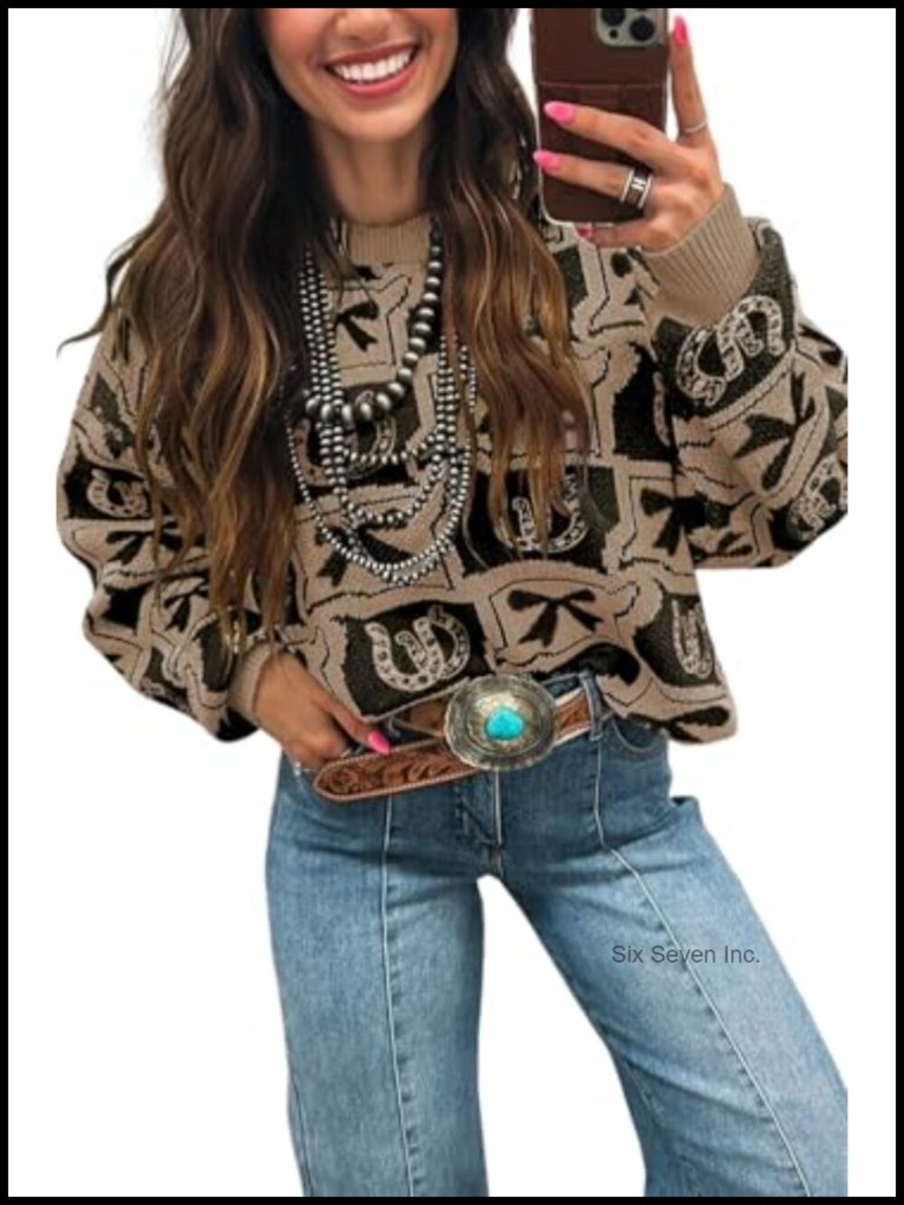 Western Bow Horseshoes Crewneck Knit Pullover Sweater Loose Fit Long Sleeve